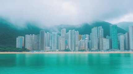 Fototapeta premium Coastal cityscape high rise buildings foggy beach