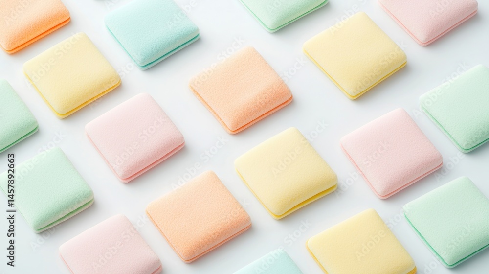 Poster pastel-colored square sponges arranged in a neat, diagonal pattern on a white background.