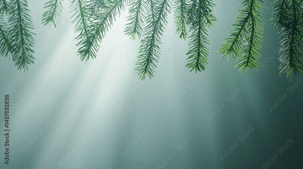 Poster sunlight shines through pine branches, creating a tranquil and natural forest atmosphere.