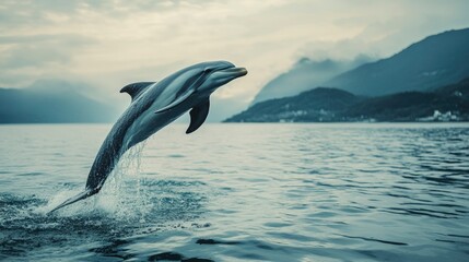 Fototapeta premium Majestic Dolphin Leaping from the Ocean Against a Mountainous Backdrop