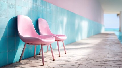 Pink summer vacation beside pool with nobody and chairs concept. Stylish pink chairs along a turquoise tiled pathway in a modern space.