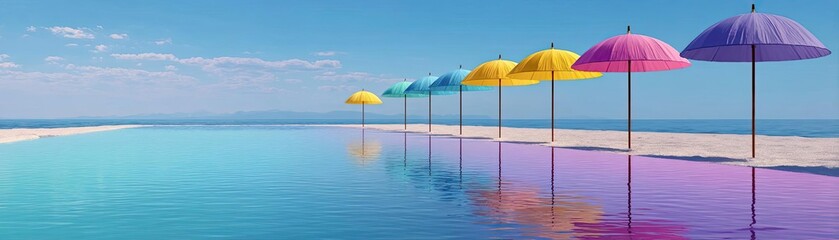 Obraz premium Pink summer vacation with nobody at pastel beach pool concept. Vibrant umbrellas by a serene poolside under a clear blue sky.