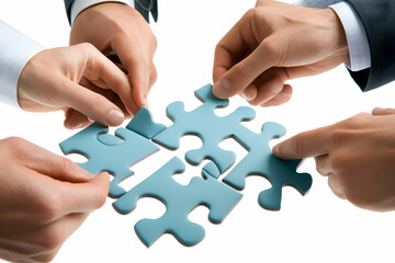 Hands assembling puzzle pieces representing teamwork and collaboration on a white background.