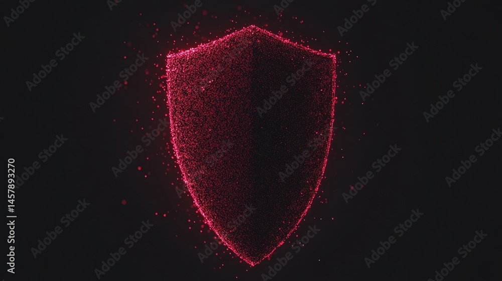 Poster a glowing red shield made of particles appears on a dark background, symbolizing digital security an