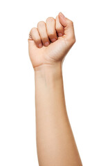 Obraz premium Raised Fist: Arm Extending Upwards with Clenched Fists, Isolated Against a White Background, Symbolizing Power or Protest