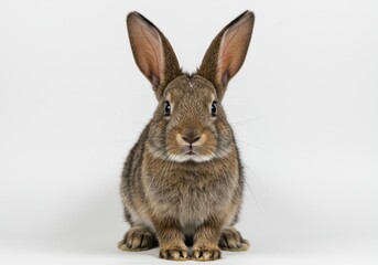Fototapeta premium Front view of a brown rabbit sitting upright on a white background