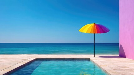 Fototapeta premium Pink summer vacation with nobody at pastel beach pool concept. Vibrant seaside pool with a colorful umbrella and clear blue sky.