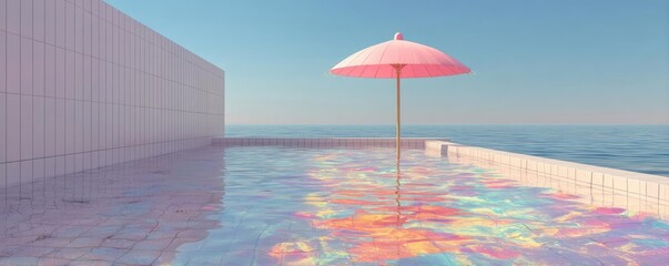 Pink summer vacation with nobody at pastel beach pool concept. A serene poolside scene with a pink umbrella over colorful water.