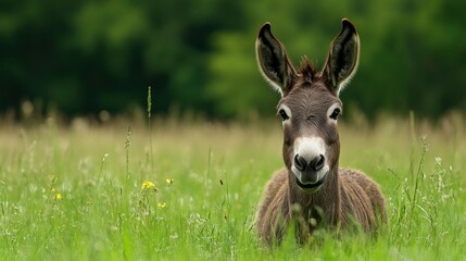 Friendly Donkey in a Lush Green Meadow