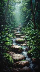 Fototapeta premium The path in the forest is gurgling with water