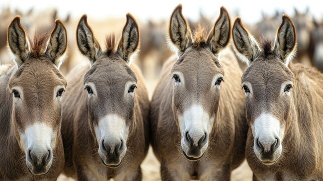 Four Donkeys Standing Side by Side, Close Up