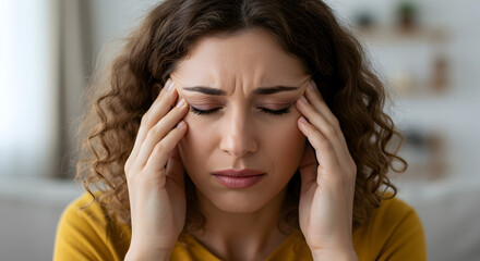 Woman Touching Temples Experiencing Headache With Curly Brown Hair Eyes Closed in a Yellow Shirt With a Blurred Background