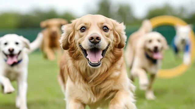 Golden Retriever Joy: A pack of exuberant Golden Retrievers sprint joyfully across a grassy field, their eyes twinkling with pure delight, embodying the essence of canine happiness and playful spirit.