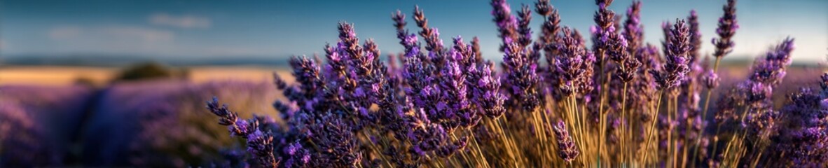 Obraz premium Wide photo of a blooming lavender field under a clear blue sky with golden hour sunlight, showcasing natural beauty in ultra-detail and depth of field.