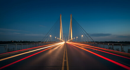 Stunning View of Bridge at Night with Light Trails Across Roadway