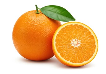 Fresh orange with leaf and a half orange isolated on white background