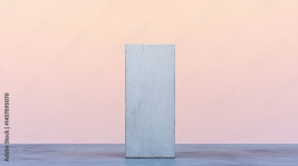 Poster minimalist concrete monolith stands on a smooth surface against a soft pastel gradient sky.