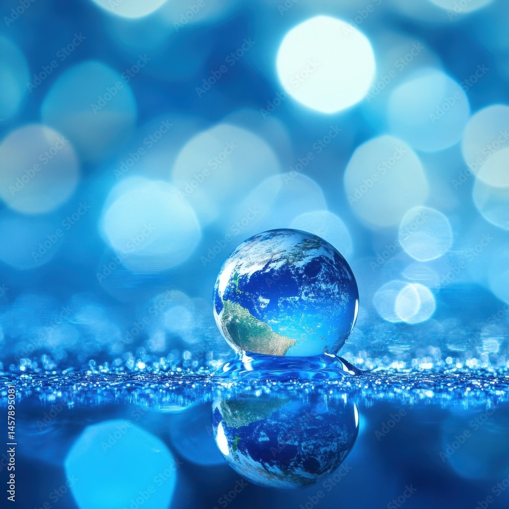 Poster earth globe resting on shimmering blue surface with bokeh background in studio shot concept of envir