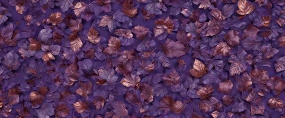 Fototapeta premium Oxidized copper leaves scattered on deep violet Intricate, autumnal leaf pattern , design element, botanical, oxidized