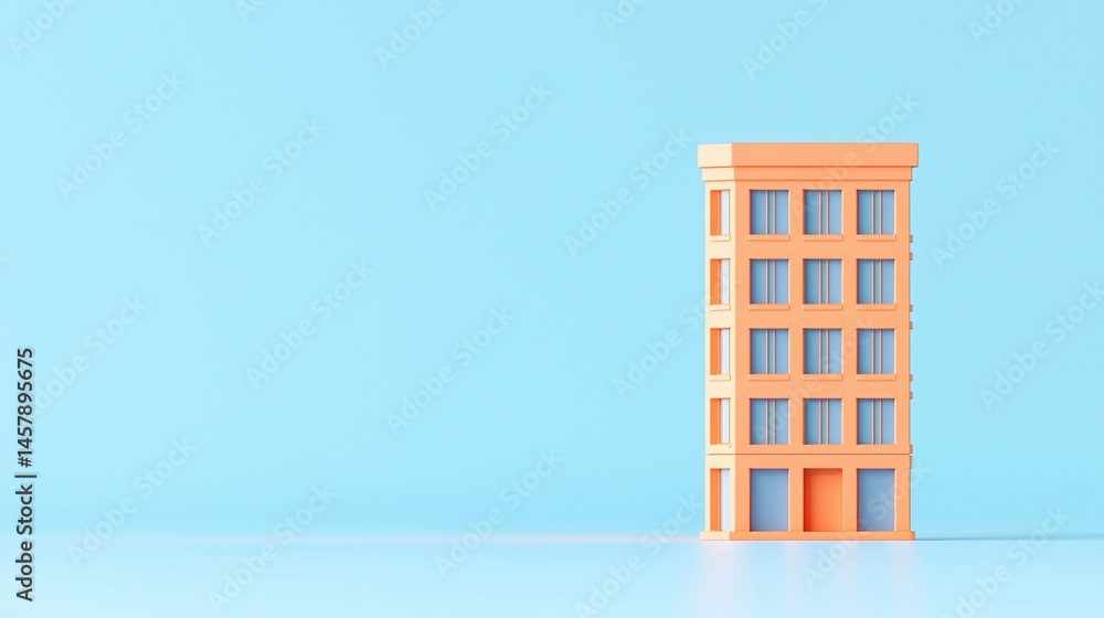 Poster minimalist image of a pastel-colored apartment building against a light blue background with ample e