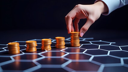 Organizing Coins on a Digital Hexagonal Grid - Financial Growth Concept