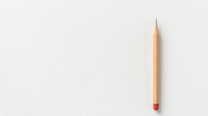 A single wooden pencil with a red eraser lies on a blank white textured surface.