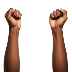Raised black hands Fist: A Close-Up of an Arm Extending Upward with a Clenched Fist, Isolated on a White Background, Symbolizing Strength