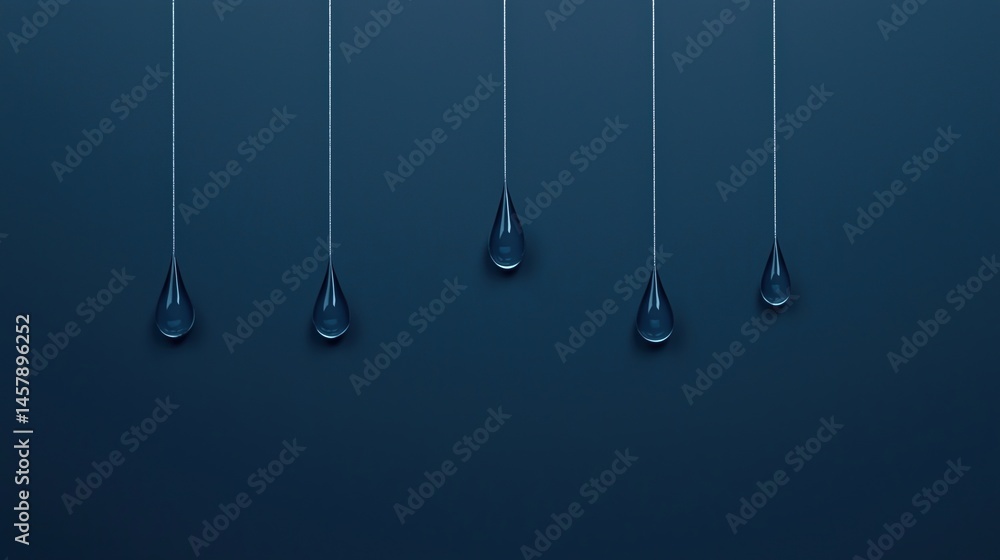 Poster five water droplets suspended on thin strings against a smooth, dark blue background, creating a min