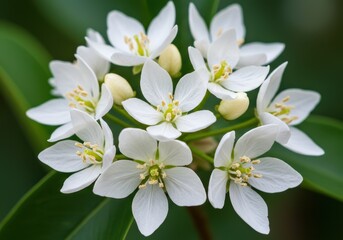 Fototapeta premium Close up of white choisya flower cluster with green leaves