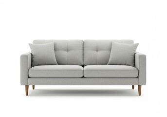 Modern gray sofa with pillows on white background, studio shot