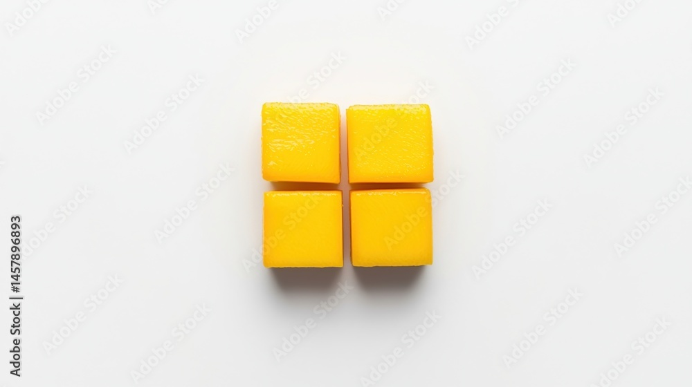 Poster four yellow cubes arranged in a square pattern on a white background.