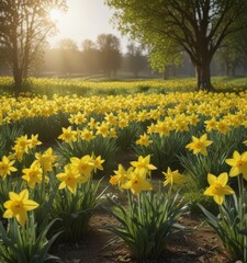 Obraz premium Sunlit daffodils burst forth in vibrant yellow against a verdant field , growth, bloom