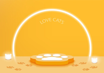 Stage podium cat footprint decorated with lighting. Pedestal scene with for pets product advertising on yellow background. Minimal style. Vector illustration