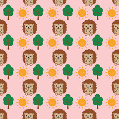 Obraz premium Wallpaper is decorated in a house with cartoon patterns with bright pink background, porcupine patterns, vector paintings.