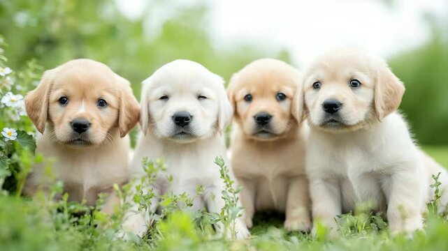 Golden Puppy Ensemble: A charming group of golden retriever puppies gazes with adorable curiosity, their soft fur and innocent eyes capturing the essence of youthful joy. Captivating and pure!