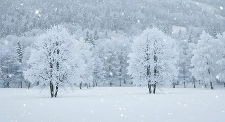 Fototapeta premium Snowy Winter Landscape with Trees and Falling Snowflakes in Nature