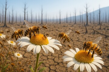 Honeybees on Daisies in a Dried Out Landscape
