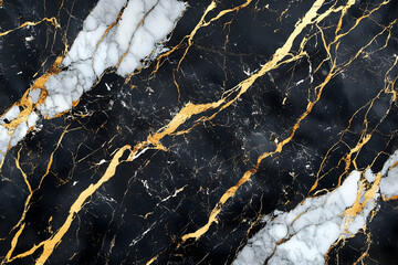 Detailed view of black and white marble with gold veins.