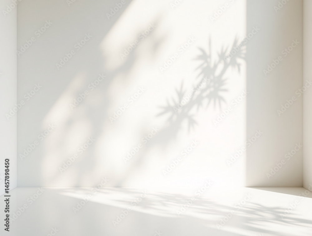 Poster close-up of delicate tree leaf shadows on a white wall. the interplay of light and shadow. abstract 