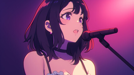 Naklejka premium Anime Girl Singing on Stage - Passionate Performance