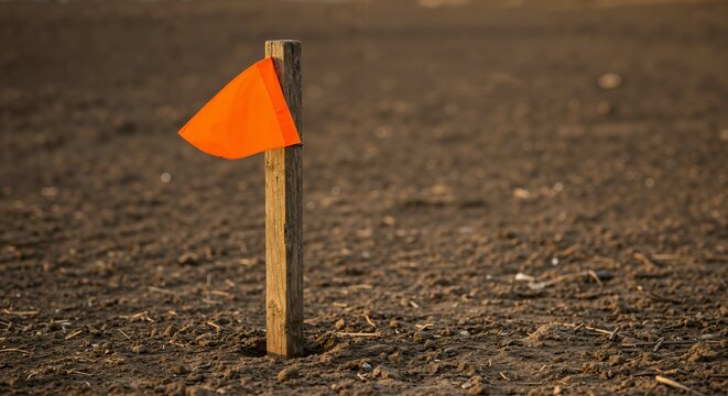 A bright orange flag attached to a simple wooden stake stands upright in the textured brown ground of an outdoor field or construction site.