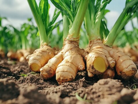 Close up of fresh ginger root growing in rich soil on a farm field low angle view of organic crop