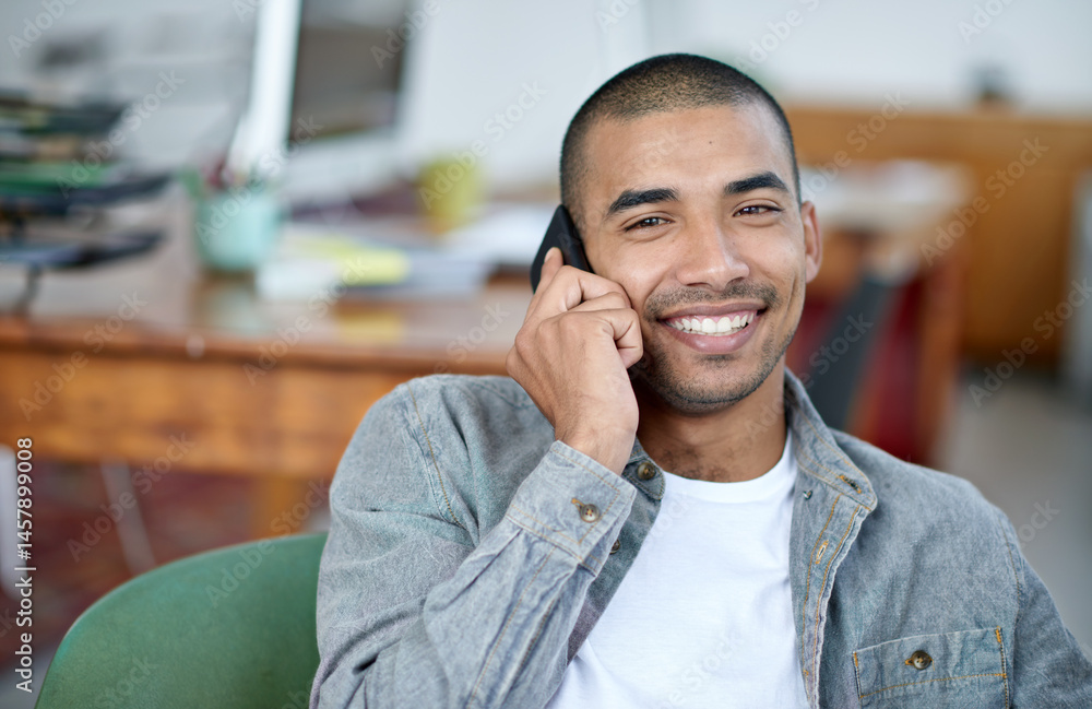 Poster Portrait, man and relax in office or phone call for discussion, client communication and networking for agency. Male employee, designer and conversation for connection, happiness and speaking on work
