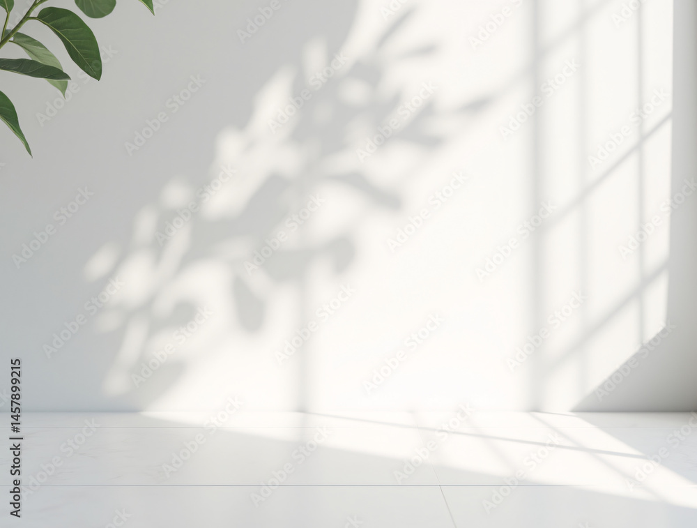 Poster close-up of delicate tree leaf shadows on a white wall. the interplay of light and shadow. abstract 