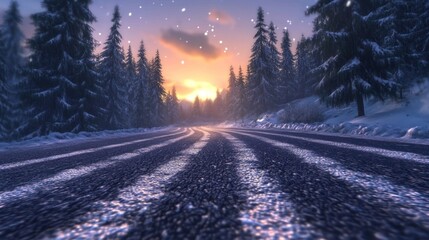 Scenic winter road at sunset snow covered forest path nature landscape
