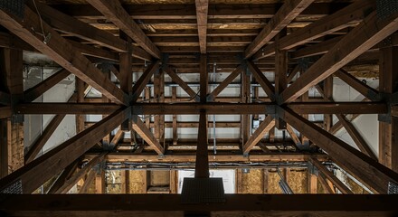 Obraz premium Intricate wooden roof structure with exposed beams and trusses in an old building attic showing architectural framework and construction details