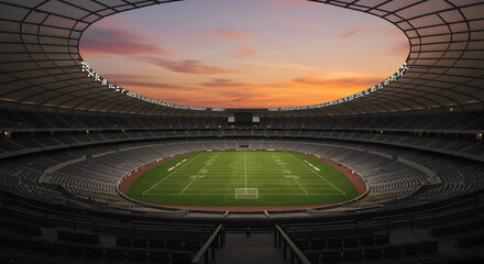 Spectacular View of a Modern Stadium During Sunset Over Field