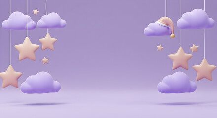 Dreamy pastel clouds and stars hanging against a soft purple background