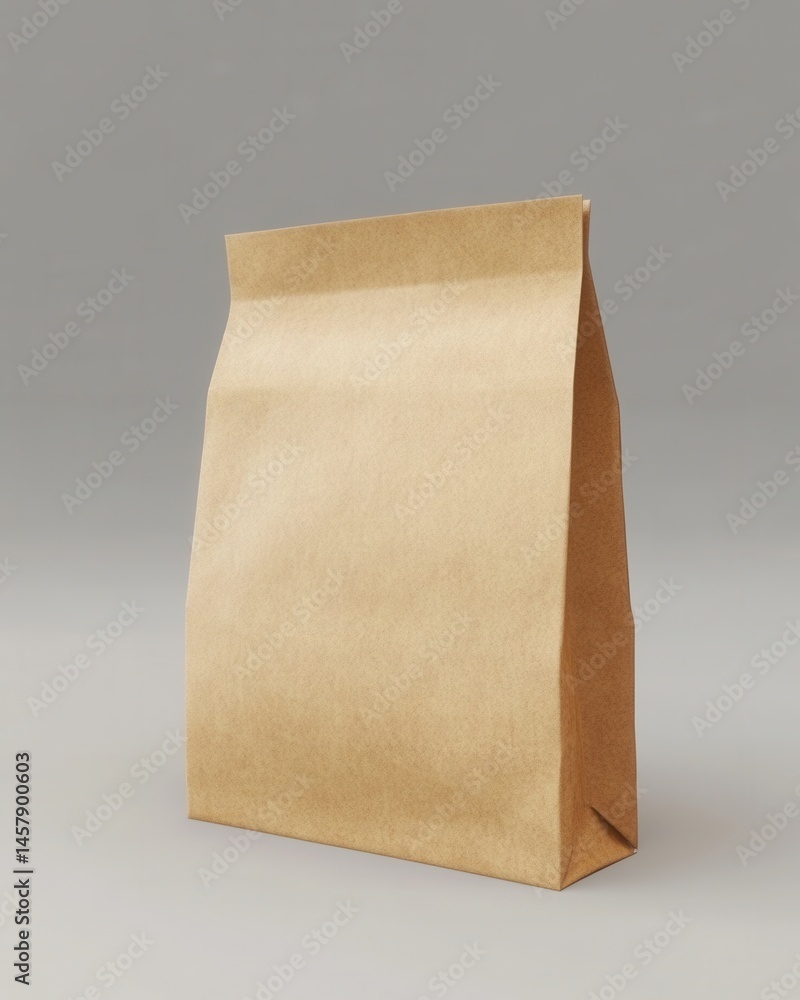 Poster simple studio shot of a brown paper bag standing upright on a gray surface with soft lighting for pr