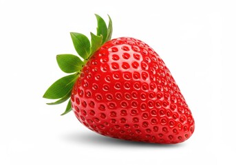 Single fresh strawberry with green leaves against white background